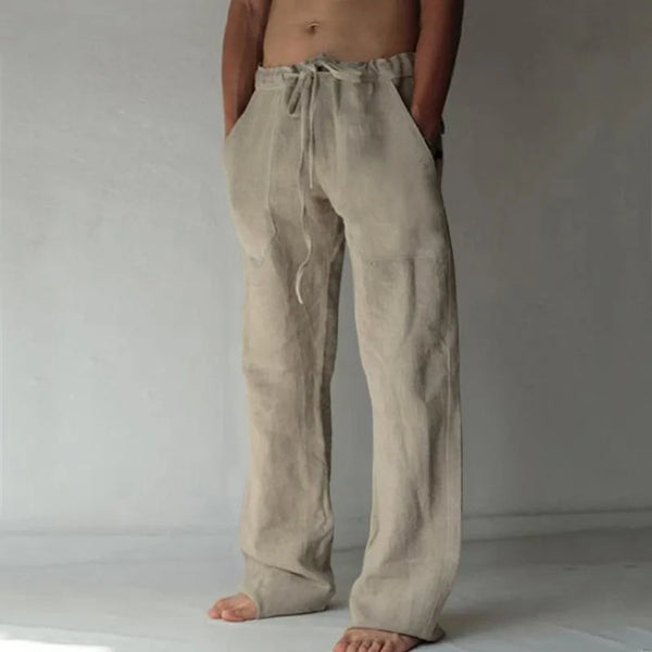 Natural breathable cotton-linen blend pants with relaxed wide-leg cut