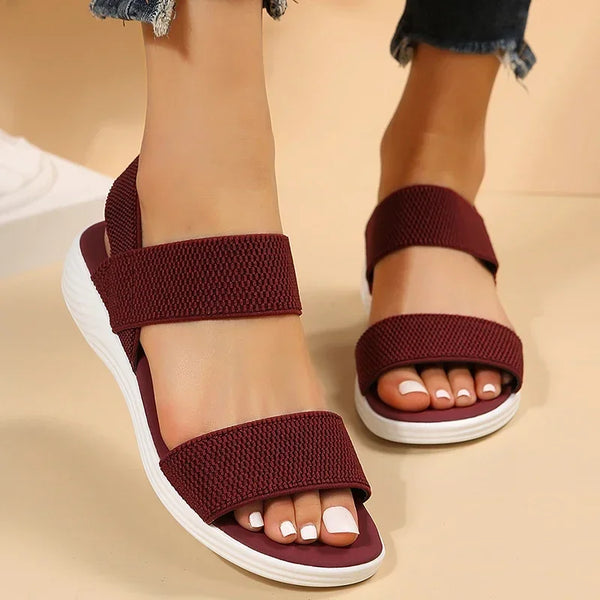 B BRANT wedge sandals with adaptive stretch knit material and stable heel design