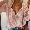 Elegant Boho Lace V-Neck Blouse for women, featuring lightweight fabric, full sleeves, and a relaxed fit for casual sophistic
