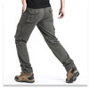 Tactical cargo pants showing elastic waist detail and functional pocket design