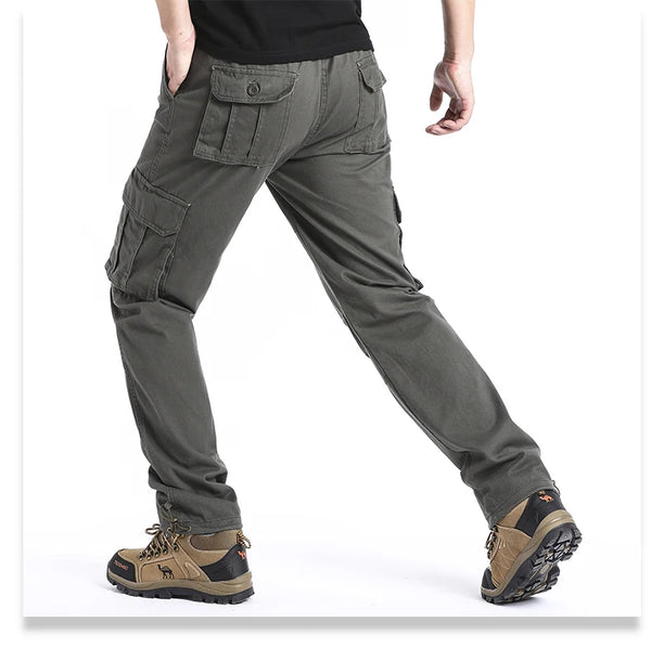 Tactical cargo pants showing elastic waist detail and functional pocket design