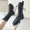 Chic mid-calf motorcycle boots for women, featuring lace-up closure, non-slip outsole, and stylish PU leather design.