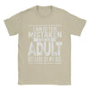Men's humorous "Mistaken For An Adult" cotton tee, lightweight, breathable, relaxed fit, perfect for casual wear and gifts.