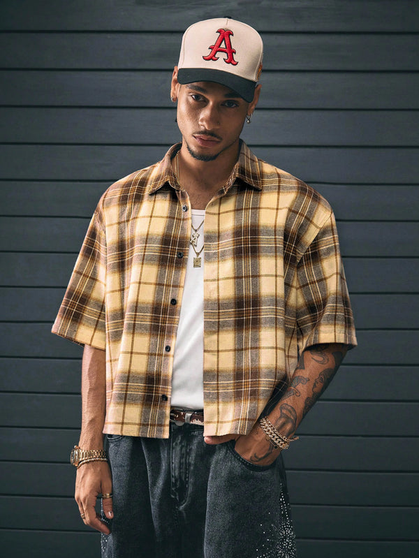 Campus Classic Yellow Checkered Shirt for Men with turn-down collar and relaxed fit