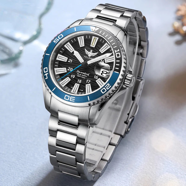 Yelang V1214 solar watch on a wrist, perfect for casual and professional attire.