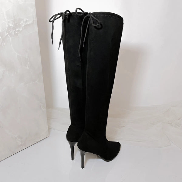 Elegant over-the-knee boots featuring matte suede construction and sleek slim heels over 8cm tall