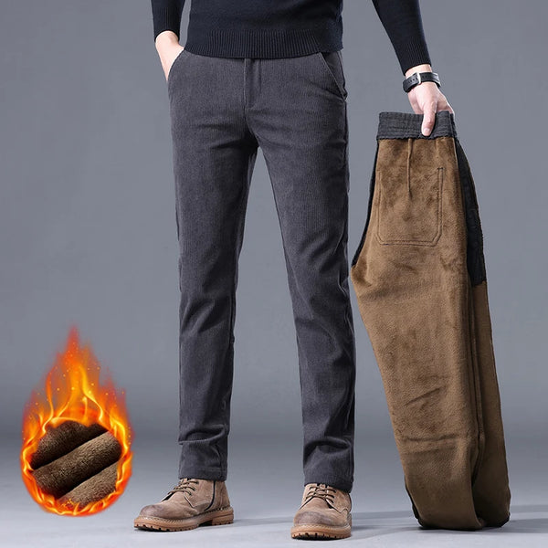 Classic corduroy pants with cozy fleece interior and comfortable stretch fabric