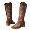 Embroidered mid-calf women's fashion boots with low wedge heel, slip-on design, and durable rubber outsole for comfort.
