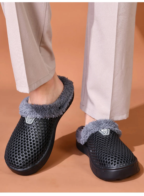 Indoor-outdoor cotton clogs on doorstep ready for errands