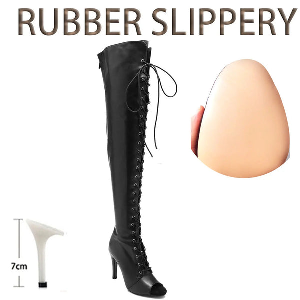 High-fashion stiletto dance boots featuring over-the-knee design and open toe