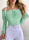 Off-shoulder lace frill hem blouse for women, featuring guipure lace and a stylish, breathable design for casual wear.