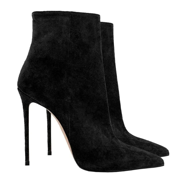 Elegant black mid-calf boots with plush interior lining.