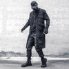 Men's black long trench coat with multi pockets, stylish gothic punk design, perfect for autumn and spring streetwear.