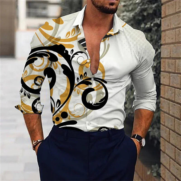 Stylish men's casual silk blend shirt in slim fit with turn-down collar and eye-catching 3D print for modern fashion.