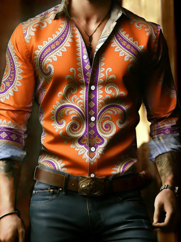 Model wearing Totem-Inspired Silk Blend Shirt in a casual outdoor setting.