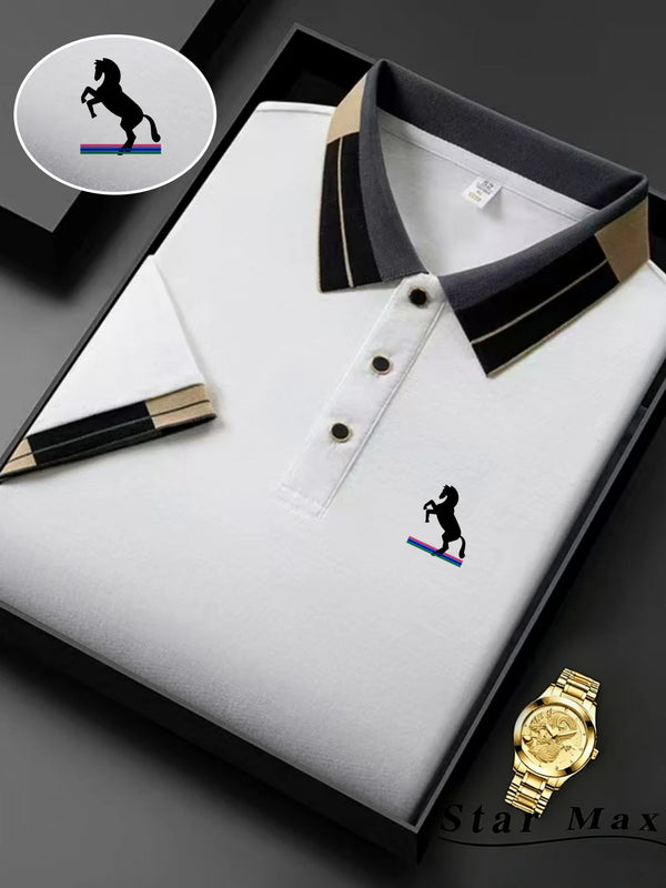 Elegant polo shirt featuring signature horse emblem and sophisticated contrast collar trim