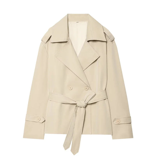 Belted Short Trench Coat with Double-Breasted Detail