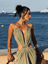 Sunset Escape Halter Backless Dress with Waist Cutouts in elegant ankle-length design