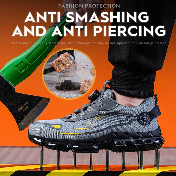 Anti-smash work boots showing rotating button closure system for secure customized fit