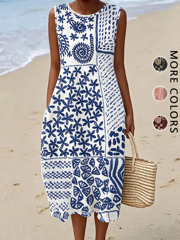 Full skirt detail on flowing bohemian floral midi sundress