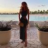 Flowing vacation maxi dress with diagonal neckline and split