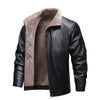 Close-up of the chic turn-down collar on the men's faux leather jacket.