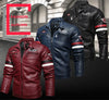 Stylish Men's PU Leather Biker Jacket in red, black, and dark blue with embroidery, perfect for winter and casual outings.