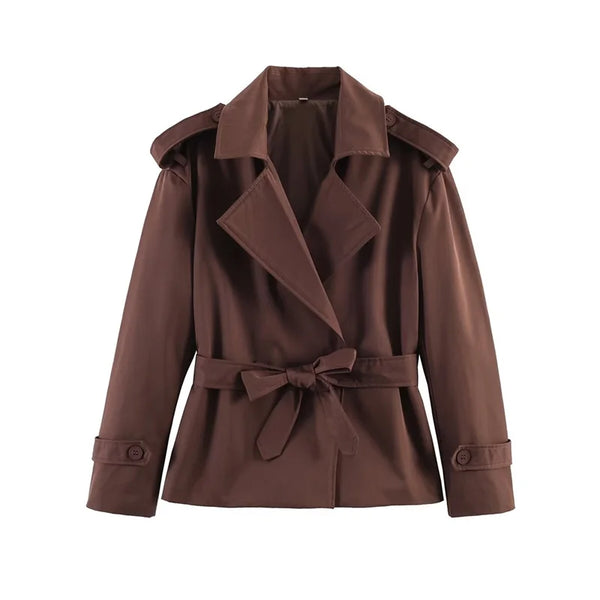 Belted Short Trench Coat with Double-Breasted Detail