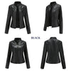 Chic women's slim leather biker jacket with zip detail, stand-up collar, and tailored fit for stylish urban looks.