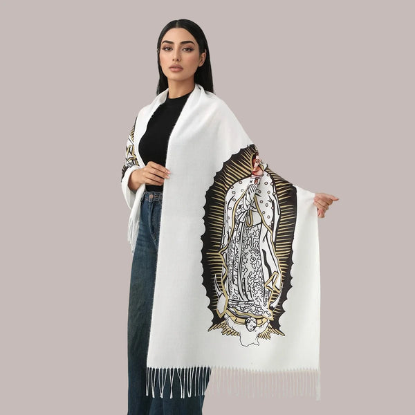 Stylish winter wrap with a devotional theme, featuring the Virgin Mary of Guadalupe.