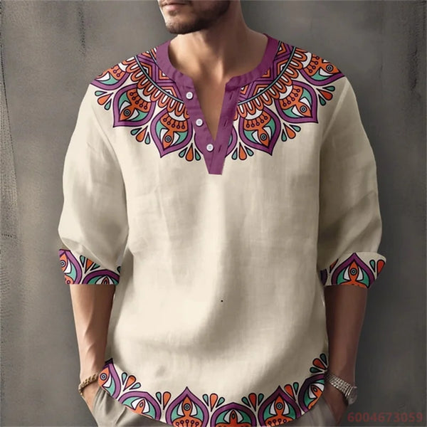 Mandarin collar henley featuring modern geometric pattern design