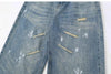 Trendy washed and ripped wide-leg women's jeans with distressed ink-splashed finish for a chic casual look.