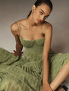 Stretchy pleated dress with suspender straps perfect for weddings and gallery openings