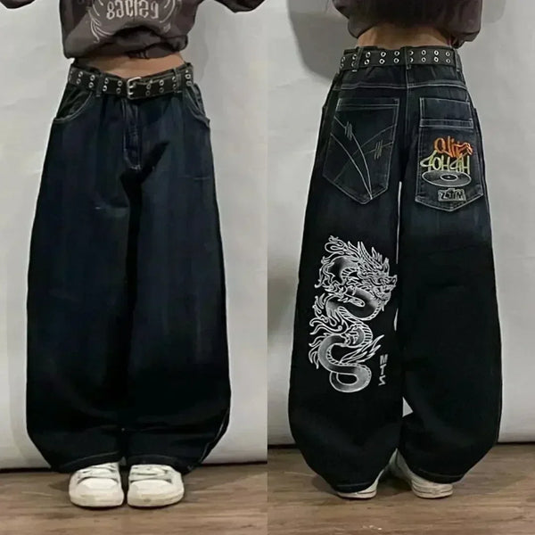 Artistic flair on casual jeans, perfect for hip hop fashion lovers.