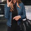Chic slim fit faux leather moto jacket for women, perfect for autumn and winter, featuring a stylish zipper closure.