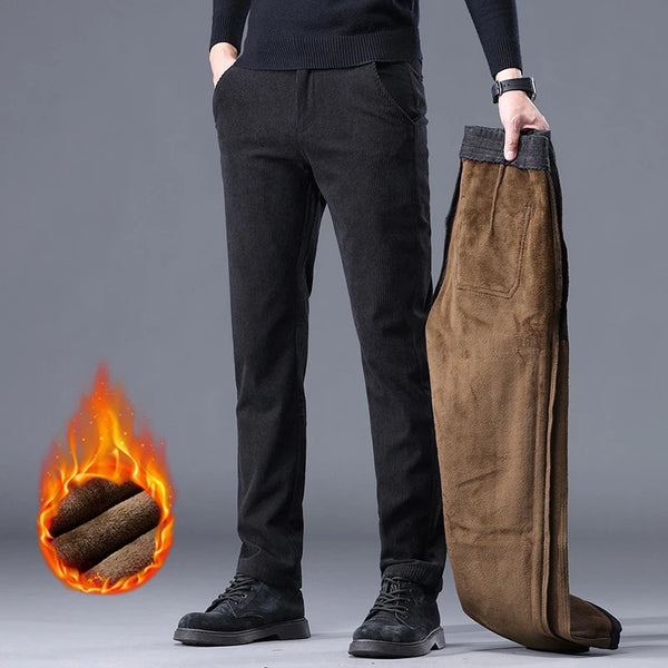 Regular fit fleece-lined corduroy trousers with zipper fly in neutral color