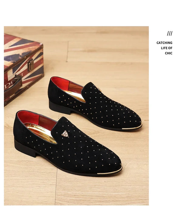 Close-up of the soft microfiber suede material in men's loafers, showcasing quality.