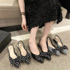 Women's elegant pointed toe sandals featuring delicate bow accent and elastic back strap