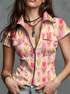 Women's floral denim shirt featuring unique zipper stand collar and vibrant print on soft polyester fabric