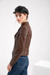 Women's slim fit PU leather motorcycle jacket in black, windproof, stylish, perfect for spring and autumn rides.