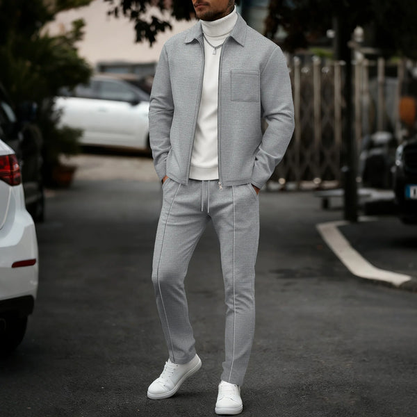 Zip collar waffle knit pullover paired with matching elastic waist trousers for men