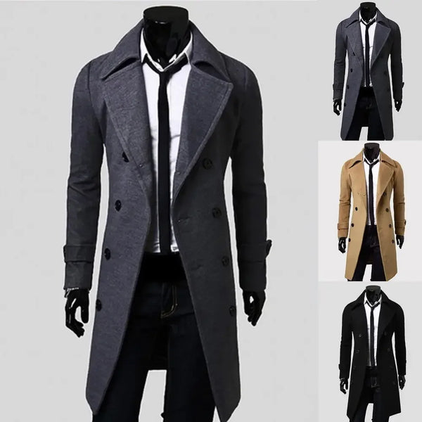 Classic double-breasted men's wool trench coat with turn-down collar, tailored fit, perfect for winter and professional wear.
