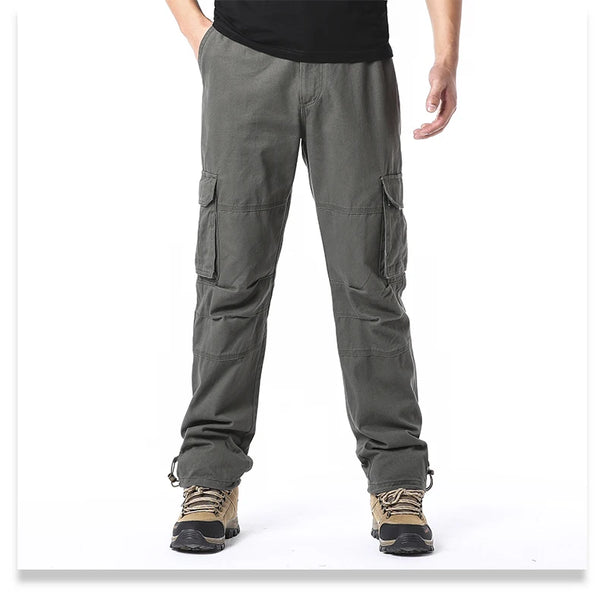Casual cotton cargo pants with multiple storage compartments and relaxed fit