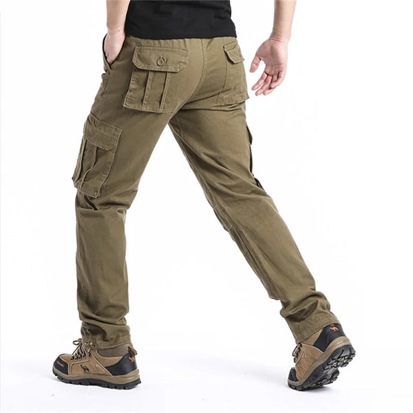 Breathable cotton cargo pants with pleated front and functional storage pockets