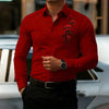 Bold floral pattern shirt featuring red roses and classic collar design