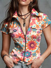 Denim-inspired floral fusion shirt with modern stand collar and zip closure detail
