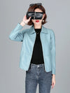 Chic women's sheepskin leather jacket with zippered front, turn-down collar, and pockets for stylish autumn layering.