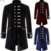 Elegant men's medieval-style trench coat in black, blue, and burgundy with single-breasted design and stand collar.