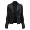 Women's slim fit PU leather motorcycle jacket in black, windproof, durable, perfect for spring and autumn riding styles.