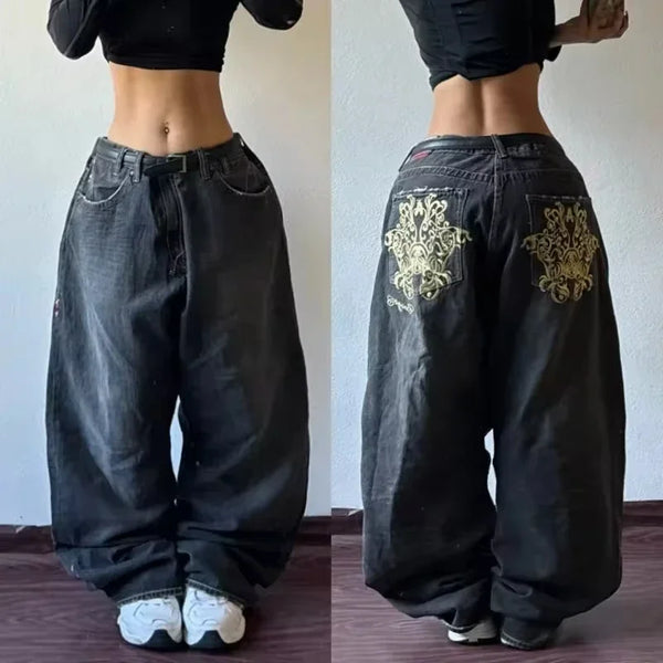Blue wide-leg jeans with relaxed fit and unique joker pattern.